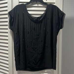 Eileen Fisher Womens Black Beaded Silk Satin Blouse Short Sleeve